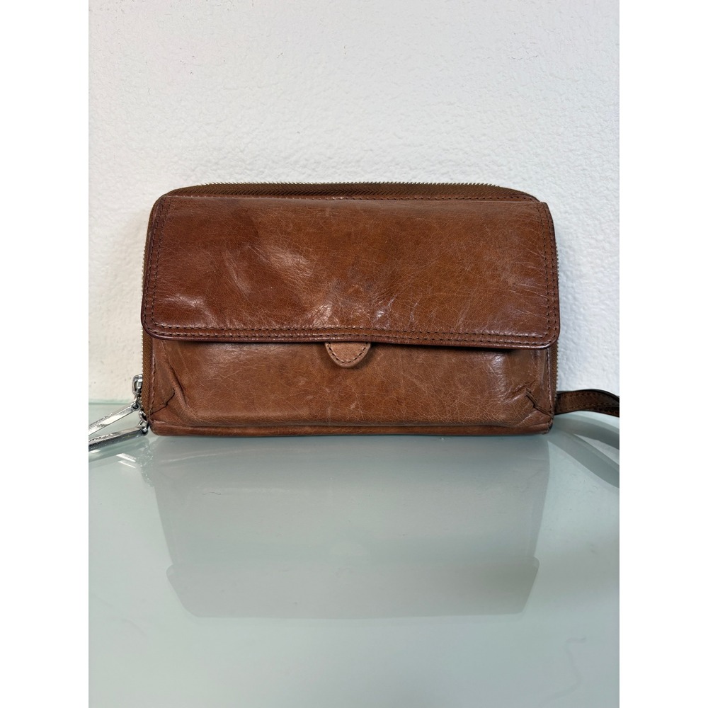 Hobo The Original Brown Leather Crossbody Wallet Bag Chevron Lining